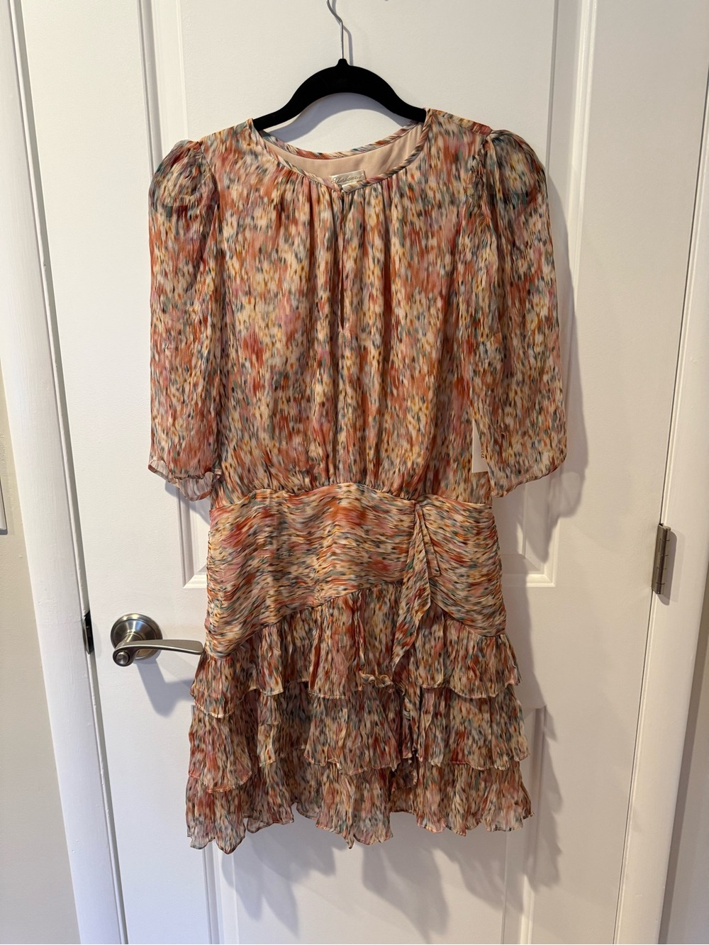 Shoshanna Multicolor Watercolor Sandstone Printed Blouson Tiered Dress
